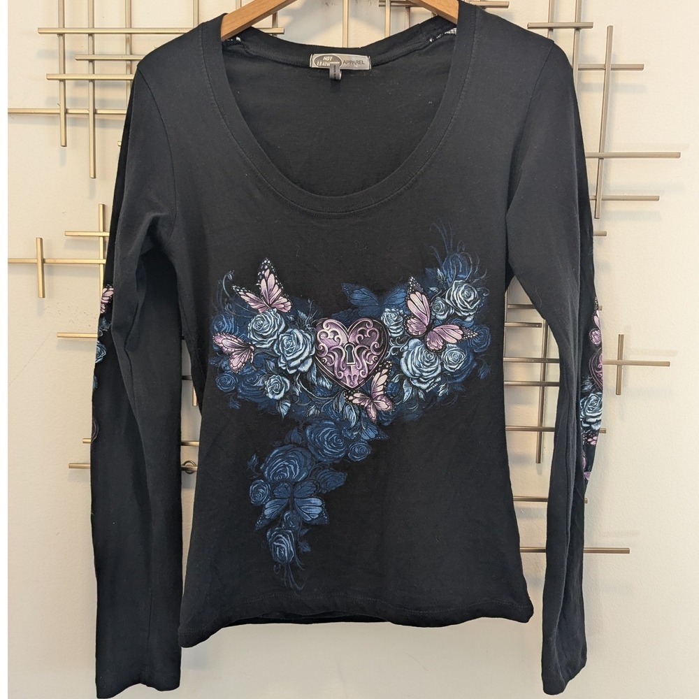 Black Long Sleeve Shirt Roses Butterflies Heart Lock Graphic‎ Biker Women's XL